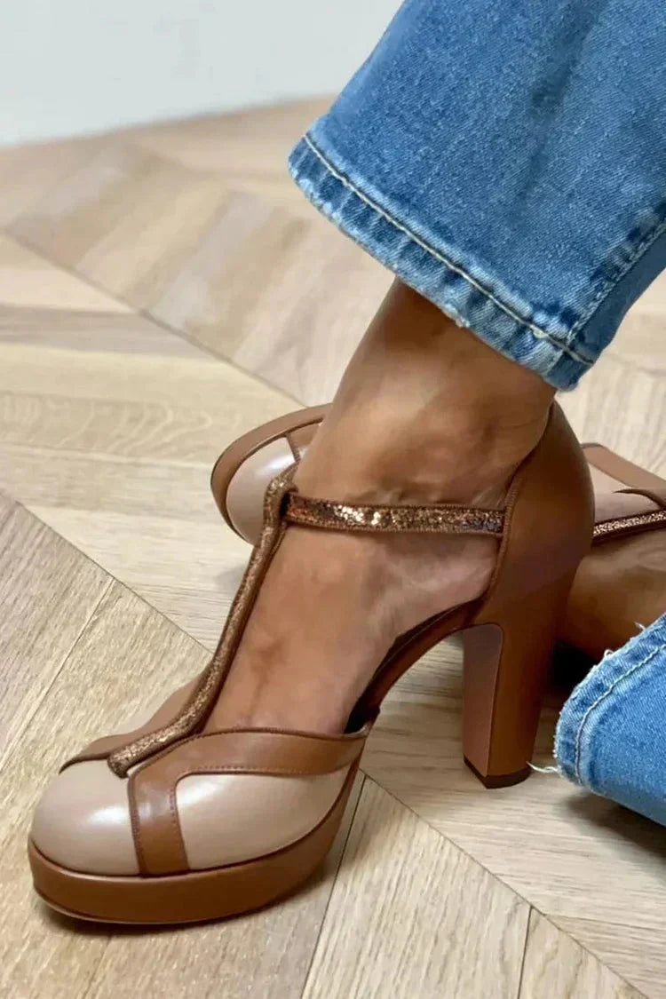 Autumn | Two-Tone T-Strap Heeled Sandals