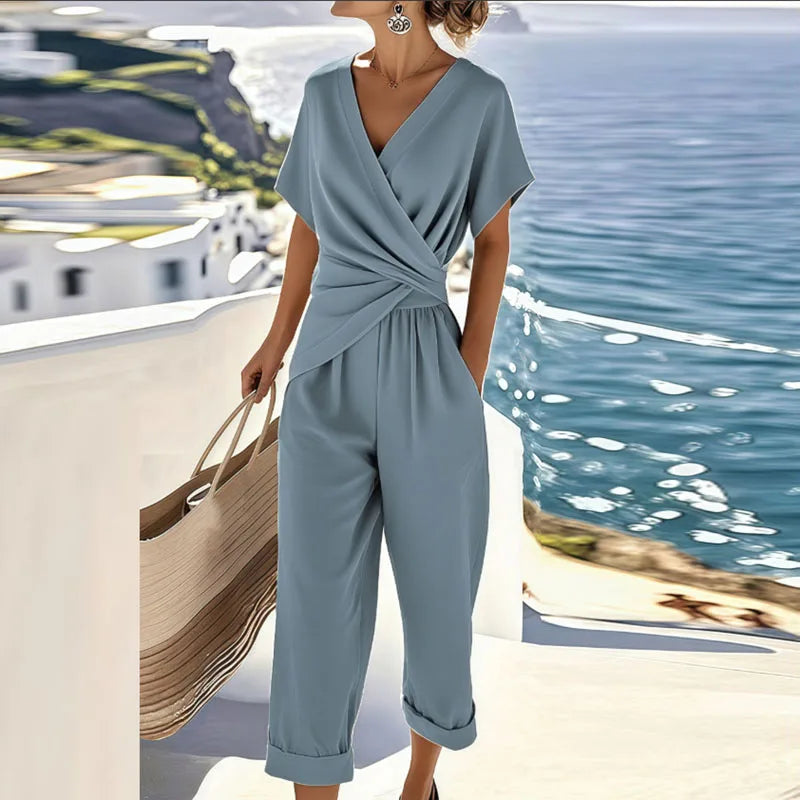 Colleen Elegant Two-Piece Set | Wrap-Front Top and Cropped Trousers
