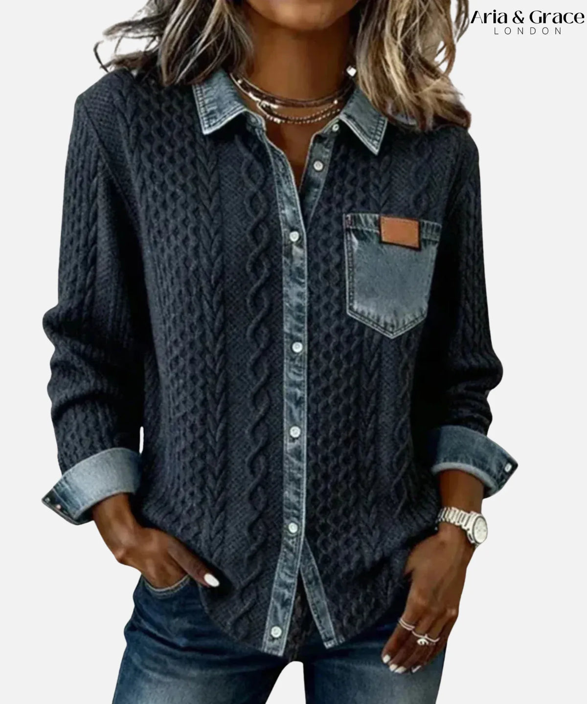Marcela | Patchwork Knit Top with Denim Details