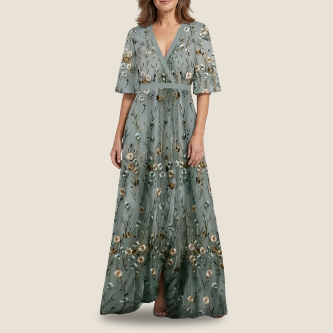 Evadne | Embroidered V Neck Maxi Dress